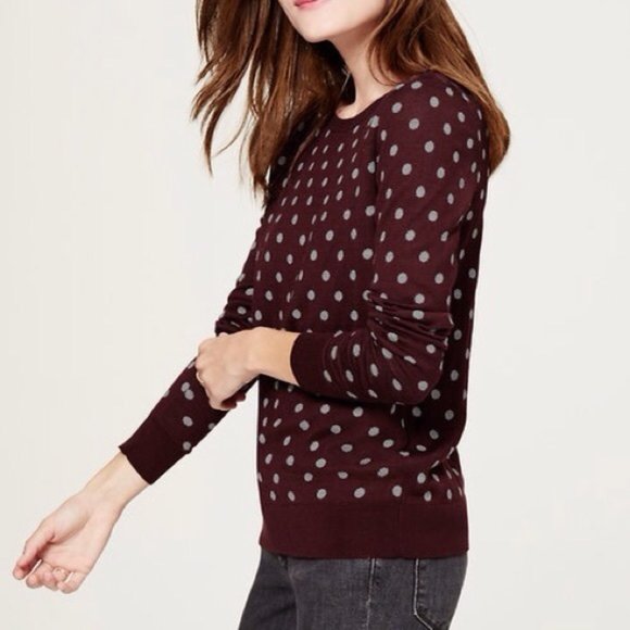 LOFT Maroon Polka-Dot Crew Neck Wool Sweater, S - Picture 2 of 6